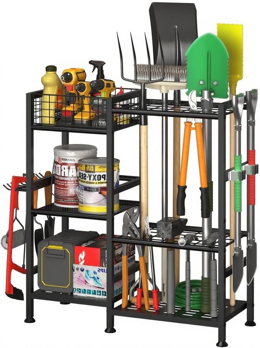 CuisinSmart Garden Tool Organizer With Basket,3 Tier Yard Storage Rack,With 6 Shelves,Heavy Duty Holder With 35 Long-Handled Slots for Yard Shed and Lawn