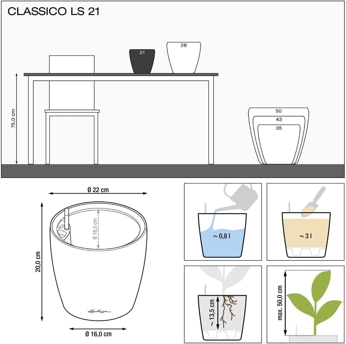 Lechuza Self Watering Plant Pot Classico 21 LS Garden Flower Indoor Ou