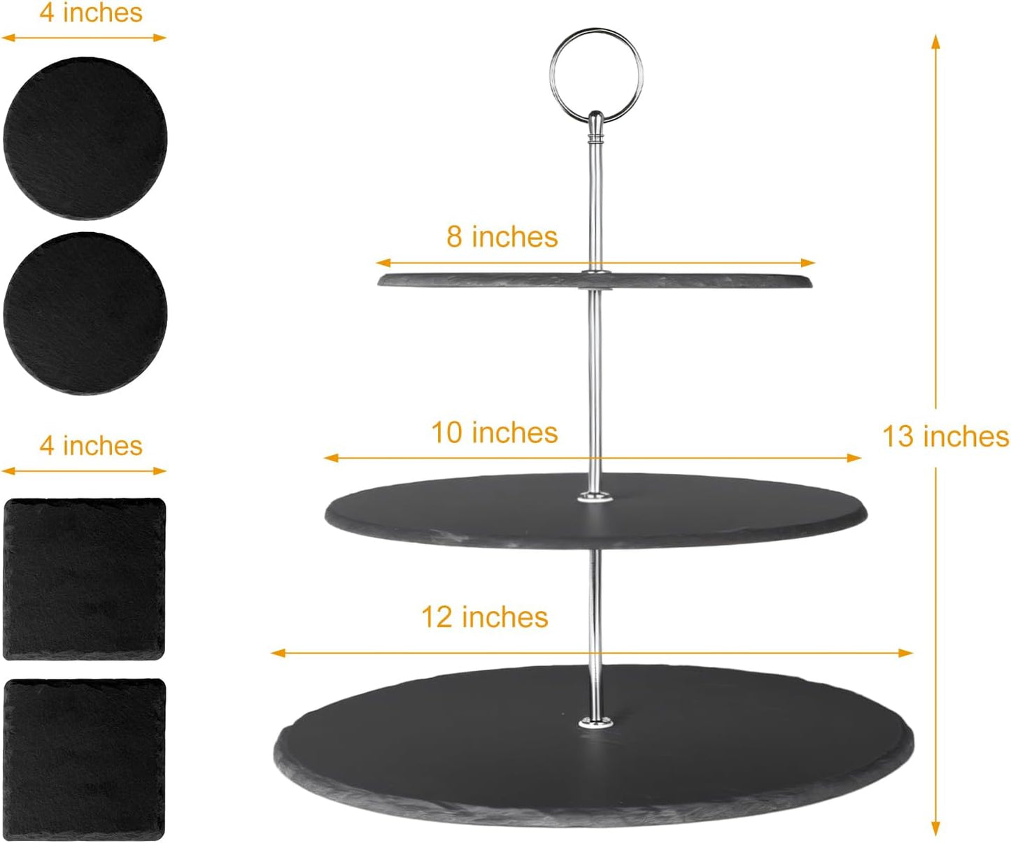 Cupcake Stand Set,3 Tier Dessert Table Display Set with Metal Rod & Slate Coasters Set of 4 for Theme Party, Wedding, Tea Party, Birthday, Black