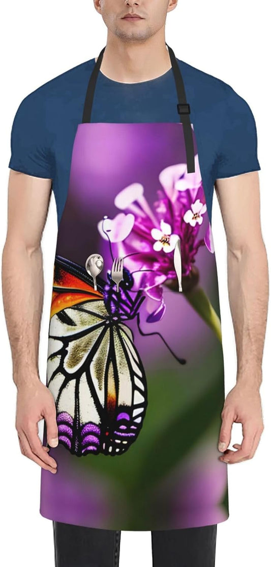 Purple plum butterfly print Waterproof chef's apron with pocket apron for kitchen cooking baking barbecue and gardening