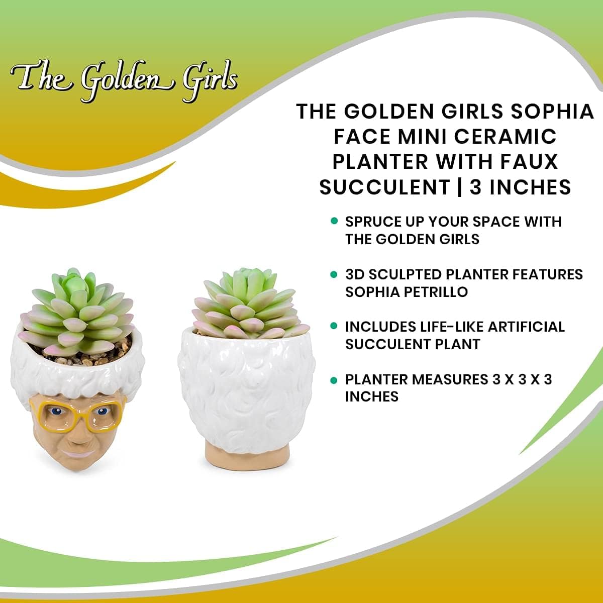 Silver Buffalo The Golden Girls Sophia Face Mini Ceramic Planter Decor | Official TV Show Collectible | Small Flower Pot for Indoor Plants, Includes Artificial Succulent | 3 Inches