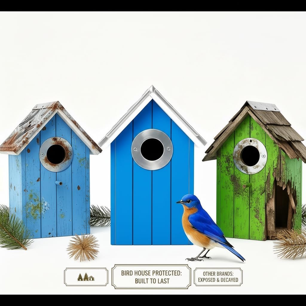 2PK Cedar Bluebird House, Wooden Bird House for Outside, 1.5" Entrance Hole Size, Stainless Steel Entrance Hole Protector, Silver Metal Roof, Colorful Garden Decorative, Pole Mountable (Yellow+Red)