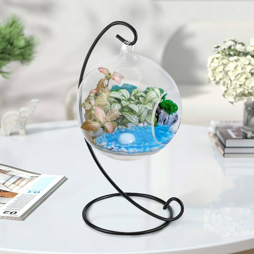 Air Plant Terrarium Kit with Stand, Hanging Glass VaseTerrarium Globe with Metal Ornament Display Stand Tabletop Glass Terrarium for Air Plants Succulent Planters Small Plants
