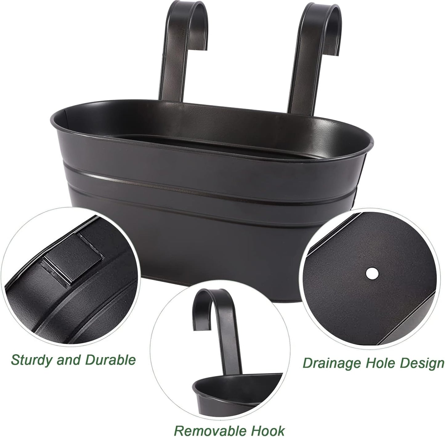 HowRU Metal Iron Flower Pots for Railing Fence Hanging Bucket Pots(5 Pcs) and Hanging Flower Pots Metal Iron Bucket Planter(10 Pcs) (Black)
