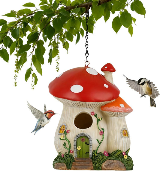 Bluebird Houses for Outside, Bird Houses for Outside, Mushroom Cute Resin Birdhouses for Outdoors, Weatherproof Courtyard Decorated Hanging Bird House, Nesting Bird House, Gift for Bird Lovers (Red)