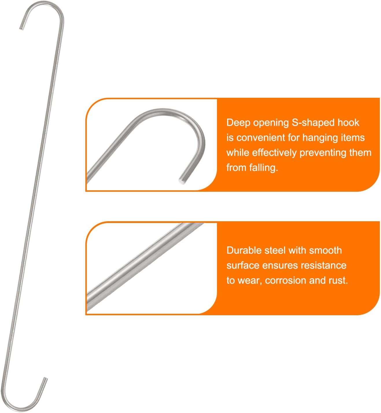HARFINGTON 4pcs Long S Hooks 16 Inch Extra Long Metal S-Shaped Hanging Hooks High Manganese Steel S Hanger Storage Organizing Tool for Kitchen Garden Bathroom Garage Closet, Silver