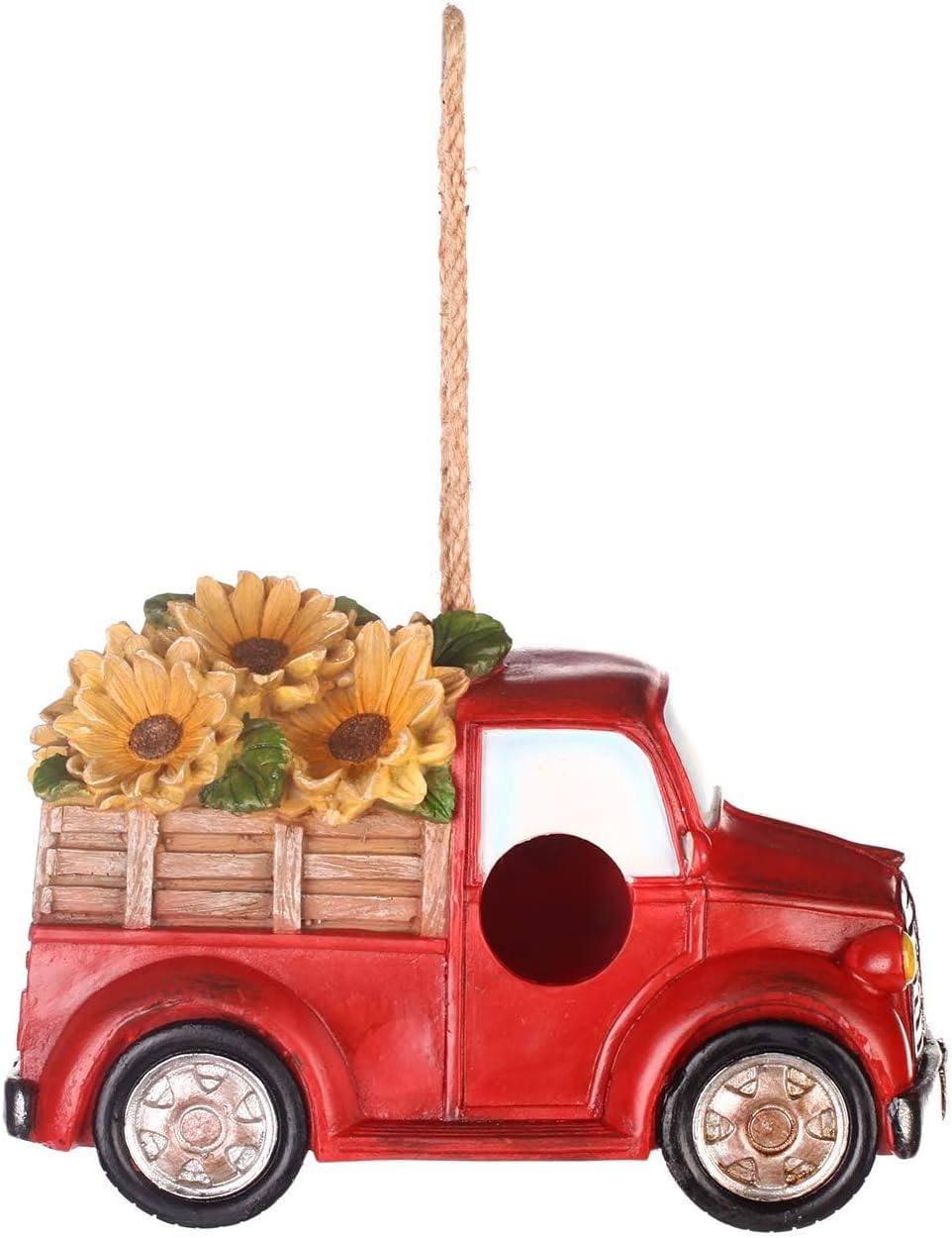 Polystone Resin Bird House Outdoor Garden Bird House, Red Truck with Flowers