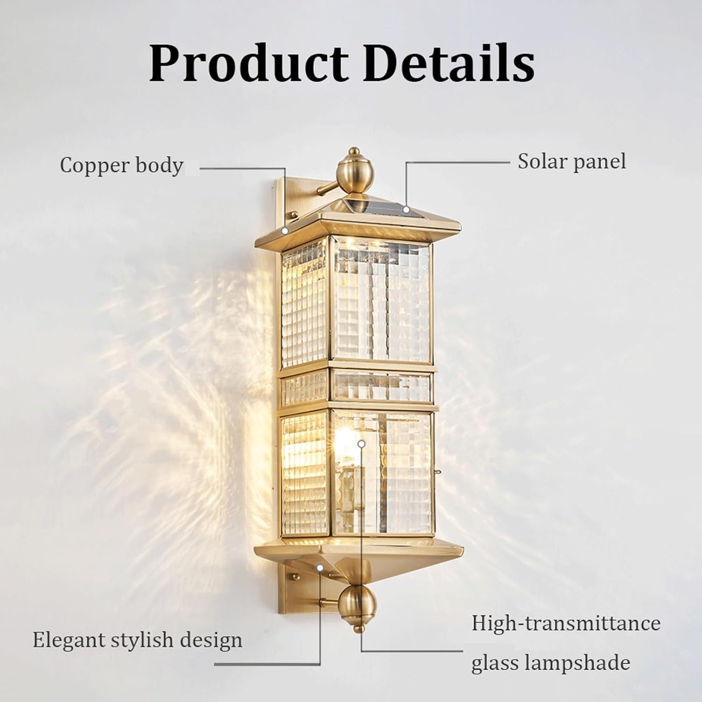 Outdoor Wall Lantern, Vintage Brass Wall Sconce, Waterproof IP55 Exterior Mount Lamp with Patterned Glass, E27 Socket, Solar Powered Lighting Fixture for Garden Villa Courtyard Gate Cottage