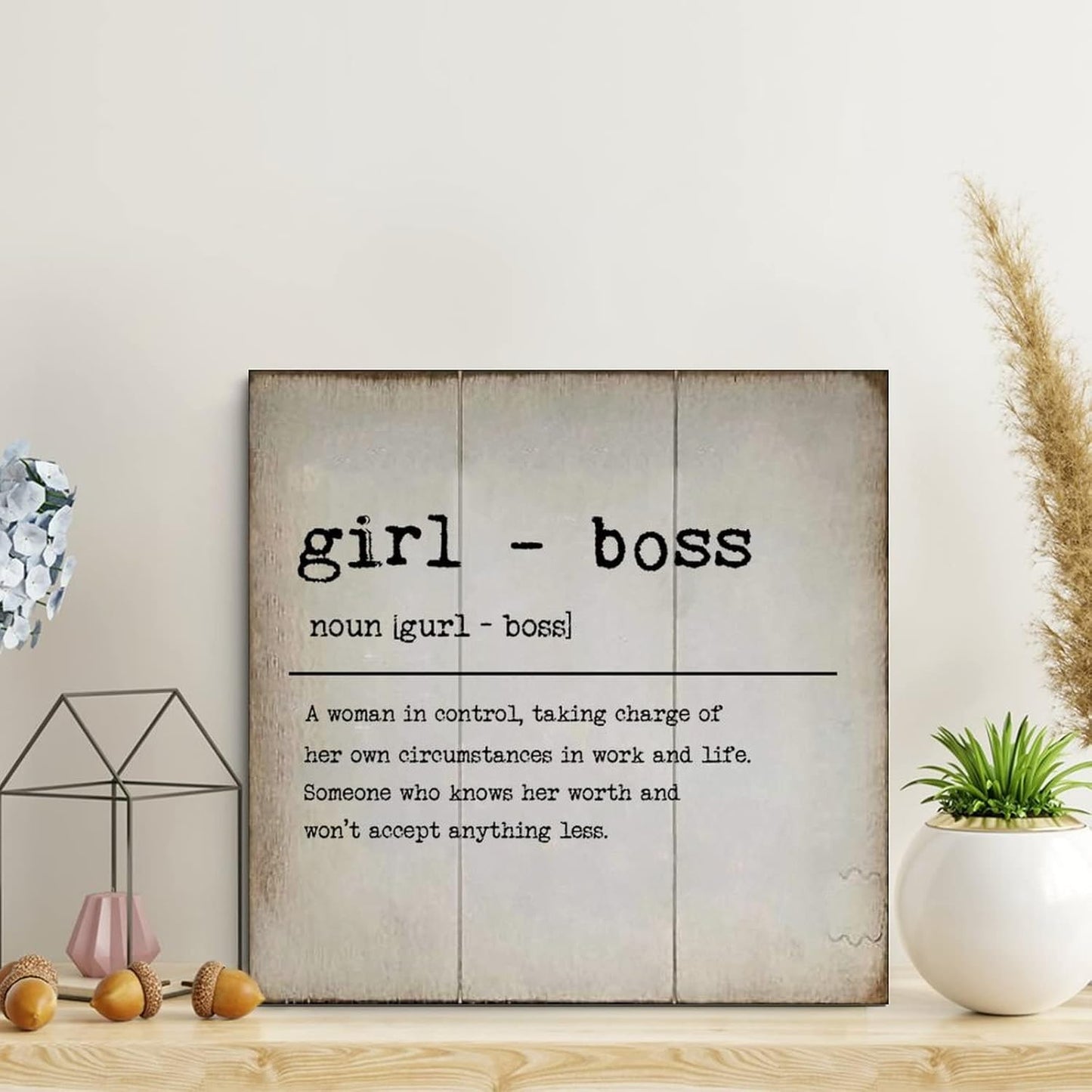 LITTLEGROVE SEEDS Vintage Wood Sign Girl - Boss Definition Typography Wooden Signs Girl - Boss Wall Decorations for Living Room Rustic Wall Art for Home Man Cave Gate Garden Bars Cafes 16x16in
