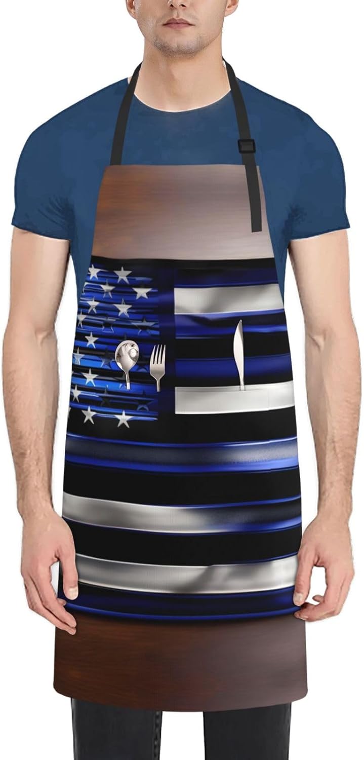 American Thin Blue Line Flag Print Laundry apron 28x33 In Waterproof Kitchen Apron with Pockets for Cooking Baking