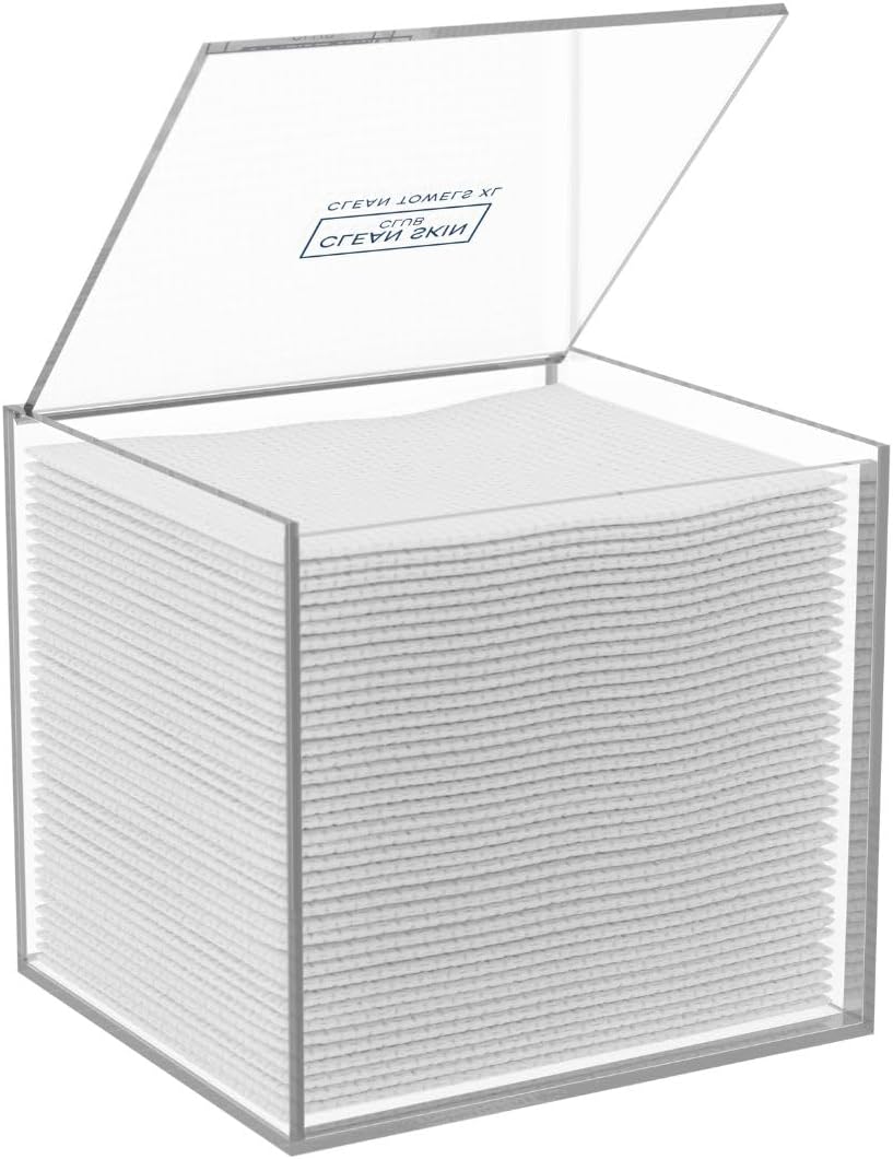CLEAN SKIN CLUB Clear Acrylic Box for Clean Towels XL (NOT Included), Container For 50 Disposable Clean Towels XL, Face Towelettes Bathroom Counter Storage, Bin for Cleansing Facial Dry Wipes
