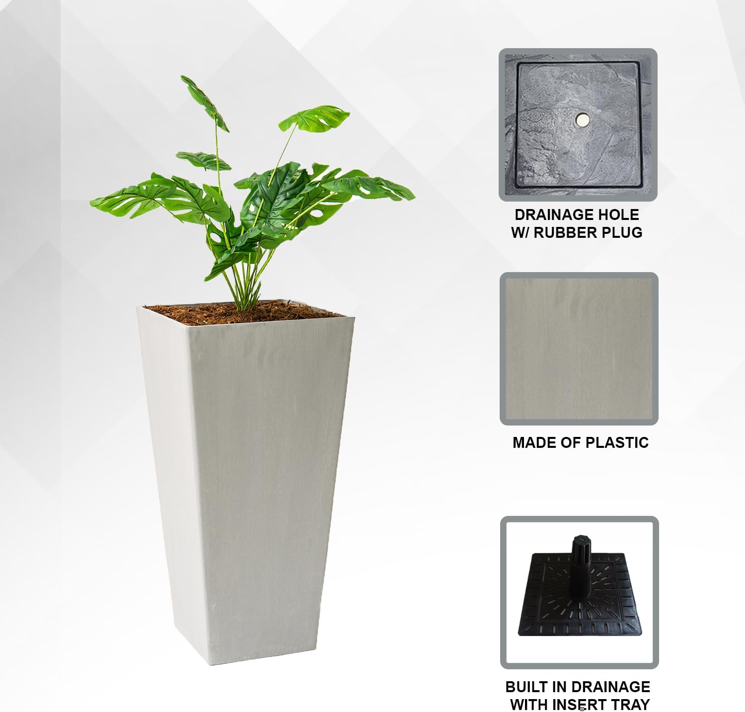 XBrand Modern 28-Inch Square Planter, Modern Tapered Perfect for Indoo