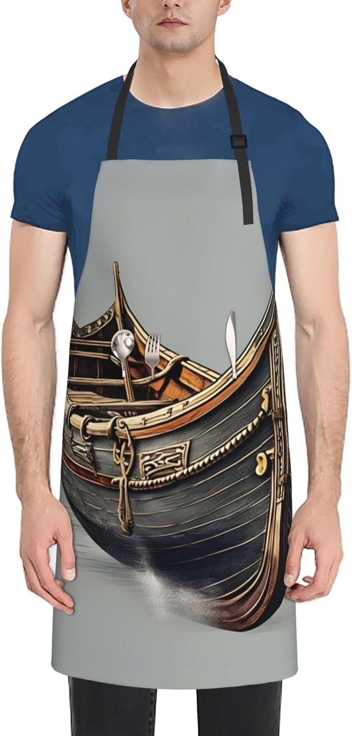 Old Viking Boats Print Laundry apron 28x33 In Waterproof Kitchen Apron with Pockets for Cooking Baking