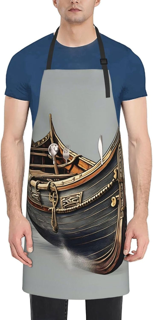 Old Viking Boats Print Laundry apron 28x33 In Waterproof Kitchen Apron with Pockets for Cooking Baking