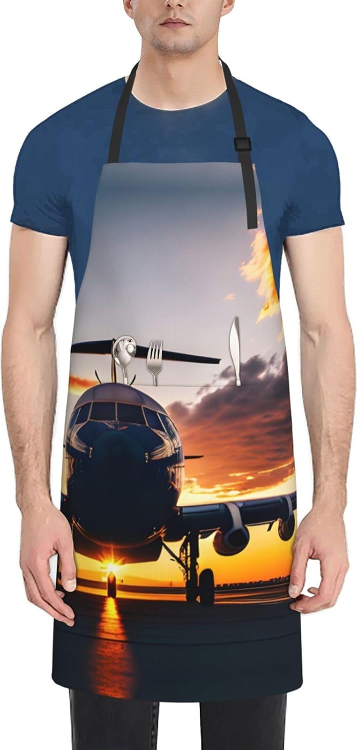 Aircraft Plane at Sunset Print Laundry apron 28x33 In Waterproof Kitchen Apron with Pockets for Cooking Baking