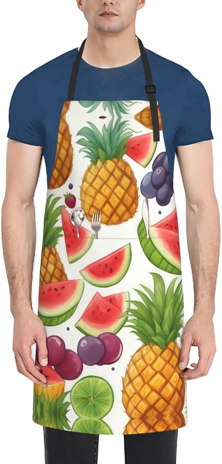 Fresh Juicy Fruits Pineapple Berries Grape Orange print Waterproof chef's apron with pocket apron for kitchen cooking baking barbecue and gardening