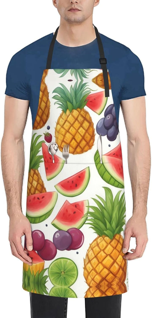 Fresh Juicy Fruits Pineapple Berries Grape Orange print Waterproof chef's apron with pocket apron for kitchen cooking baking barbecue and gardening
