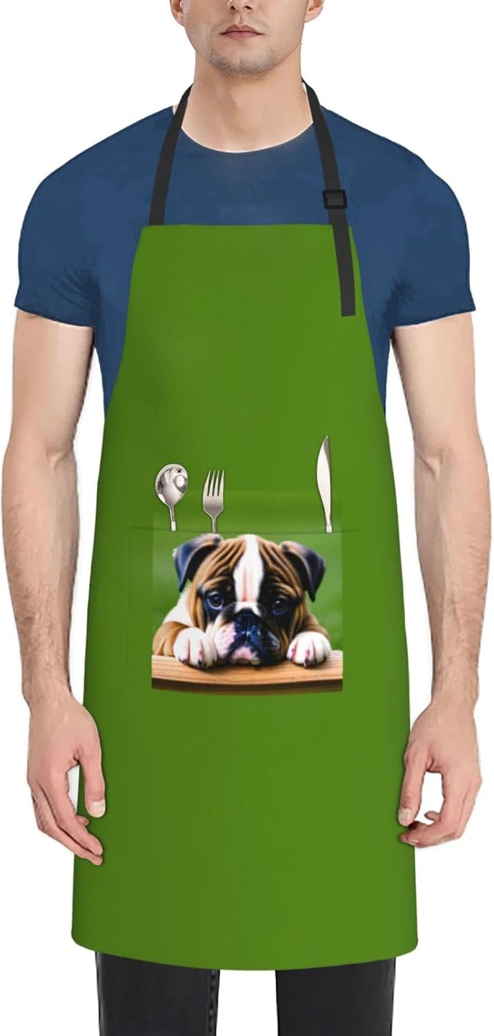 Cute Bulldog Puppy print Waterproof chef's apron with pocket apron for kitchen cooking baking barbecue and gardening