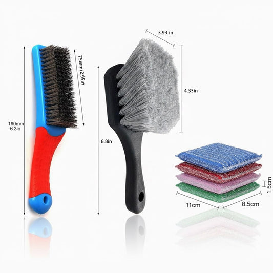 1PCS Wire Brush + 1PCS Nylon Brush + 4PCS Scrub Sponge Set, Heavy Duty Rust Remover and Cleaning Kit for Grill Grates, Tires, Bird Baths, Kitchen & Home, Non-Scratch Sponges for Dishes & Appliances
