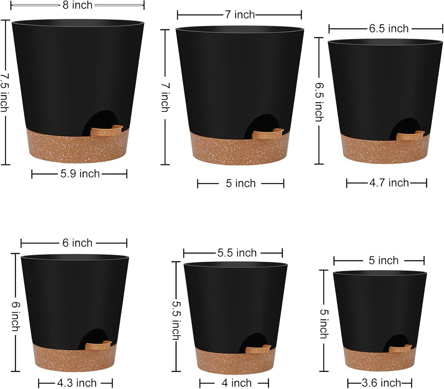 Indoor Self Watering Planters with Drainage Holes and Saucers, 8, 7, 6