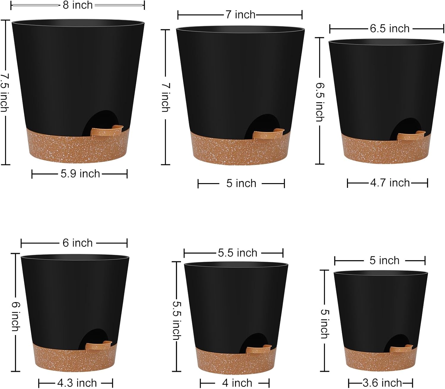 Indoor Self Watering Planters with Drainage Holes and Saucers, 8, 7, 6