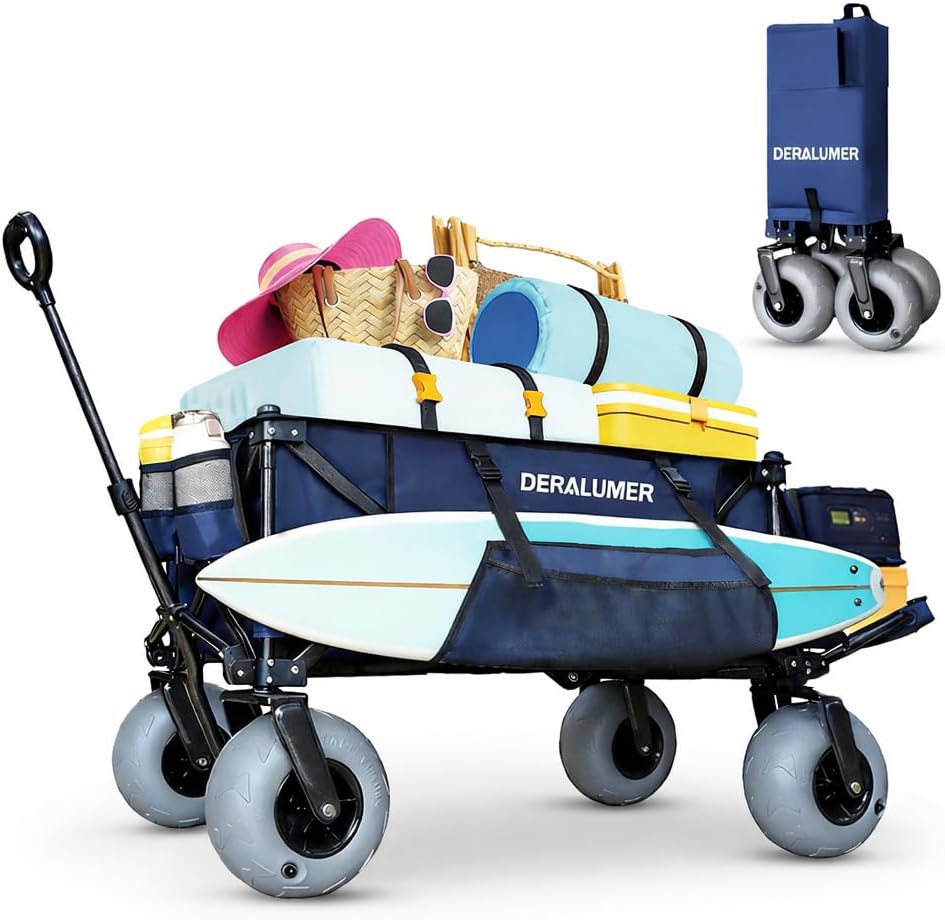 X900 Beach Wagon with 9×4" Big Balloon Wheels for Sand, 48" Heavy Duty Folding Wagon with Expandable Tailgate & Side Bag, Collapsible Utility Cart for Beach, Camping, Fishing (Navy Blue)