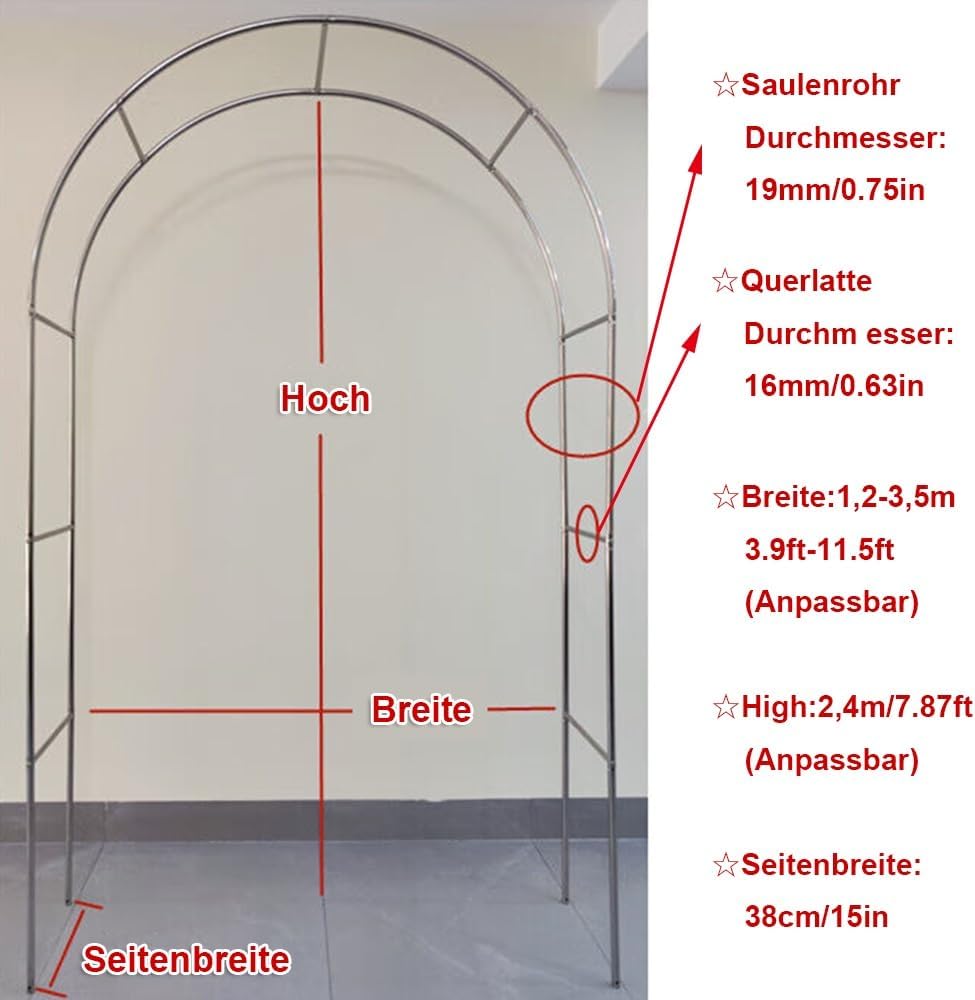 7.5ft Stainless Steel Garden Arch Trellis - Metal Arbor for Climbing Plants, Outdoor Wedding Arch, Perfect for Lawn, Patio, Backyard Ceremonies (1.5 * 2.4m)