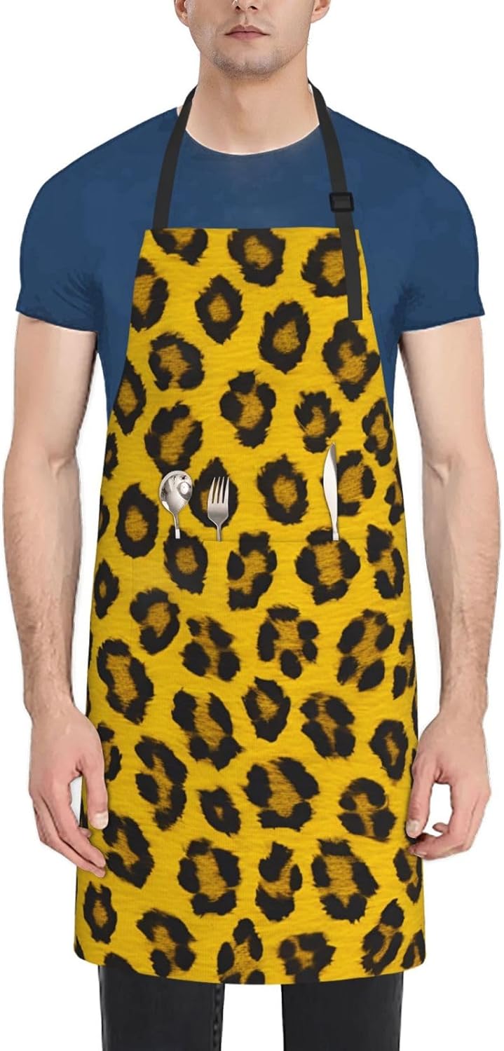 Yellow Leopard Print 28x33 In Kitchen Apron Stylish Chef Apron with Pockets for Cooking Baking Painting