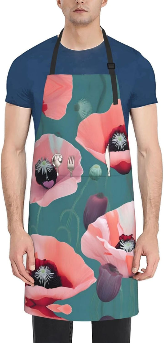 Pastel Poppies print Waterproof chef's apron with pocket apron for kitchen cooking baking barbecue and gardening