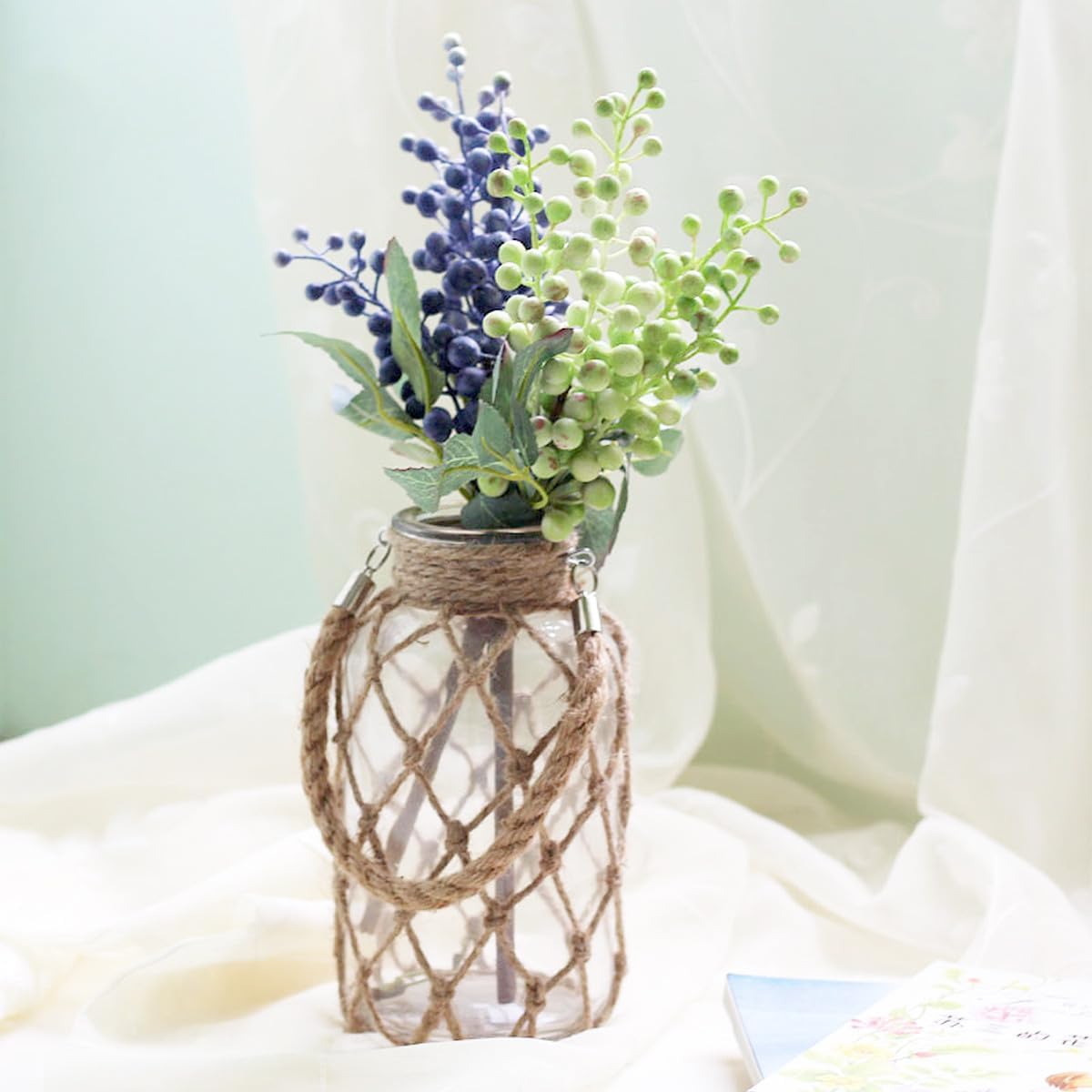 Milisten Rope Glass Vase Hydroponics Flower Pot with Natural Jute Twine Decorative Planter for Home Living Room Office Green Plant Container