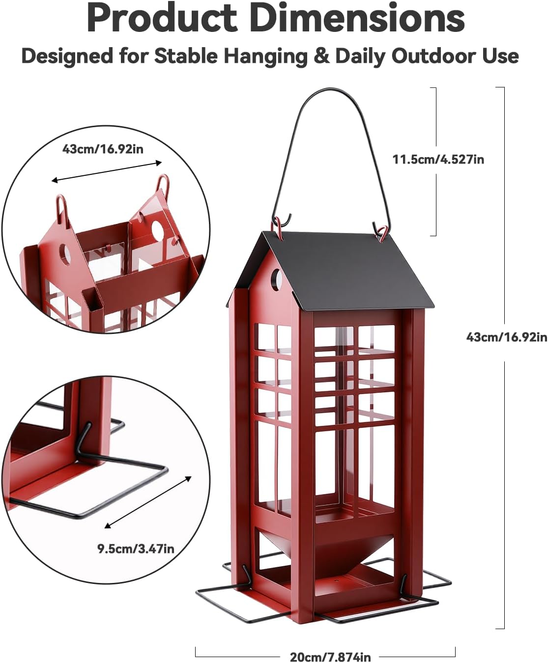 Hanging Bird Feeder for Outdoors, Metal Bird Seed Feeder with Roof, Large Capacity Wild Bird Feeder for Garden Yard Patio, Squirrel Resistant Easy Refill Bird Feeder