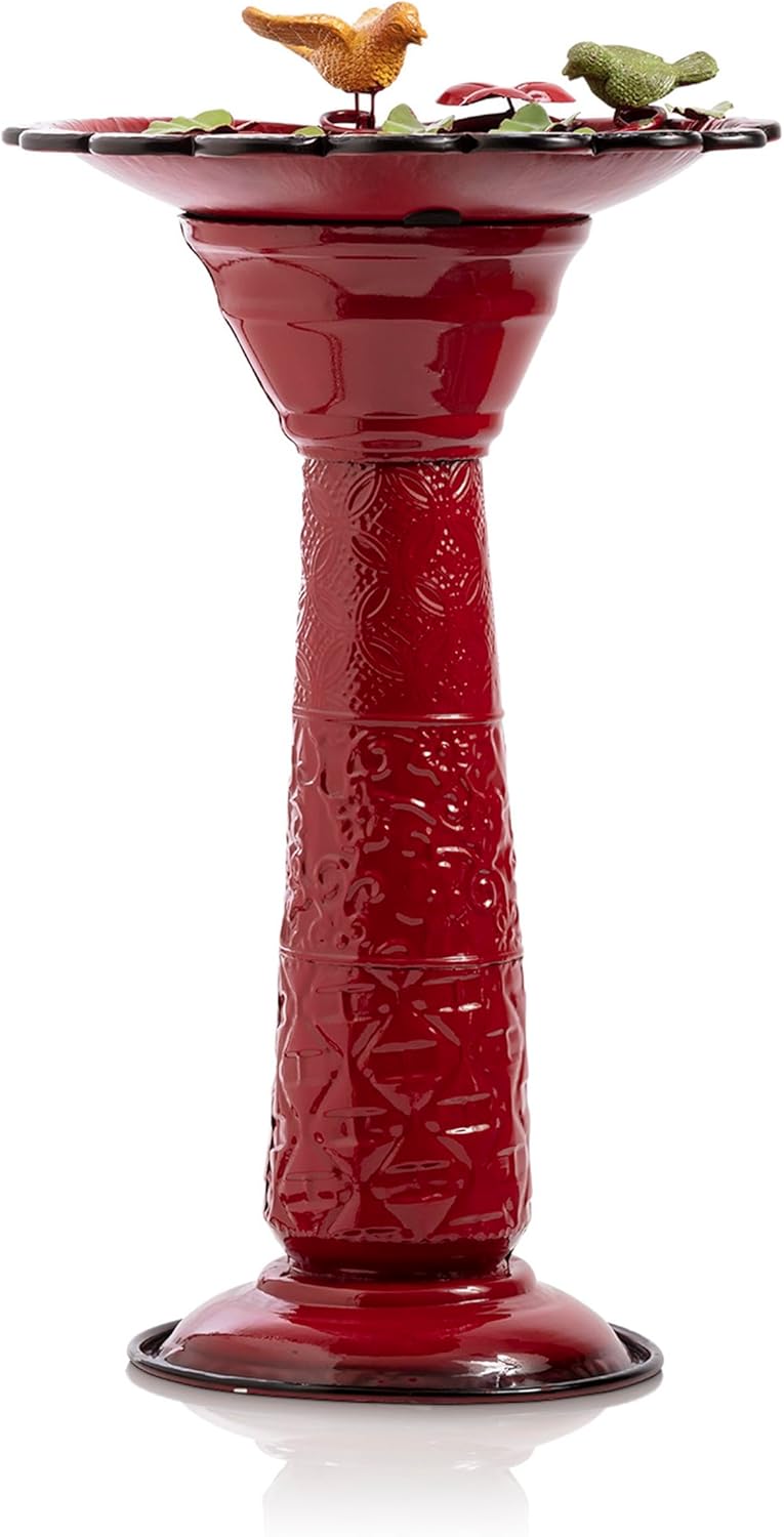 Alpine Corporation - 28" Tall Outdoor Metal Birdbath with Birds and Leaves Yard Statue Decoration, Red – Stunning Garden Accent to Attract Birds - Durable Construction for Patio, Deck, or Yard