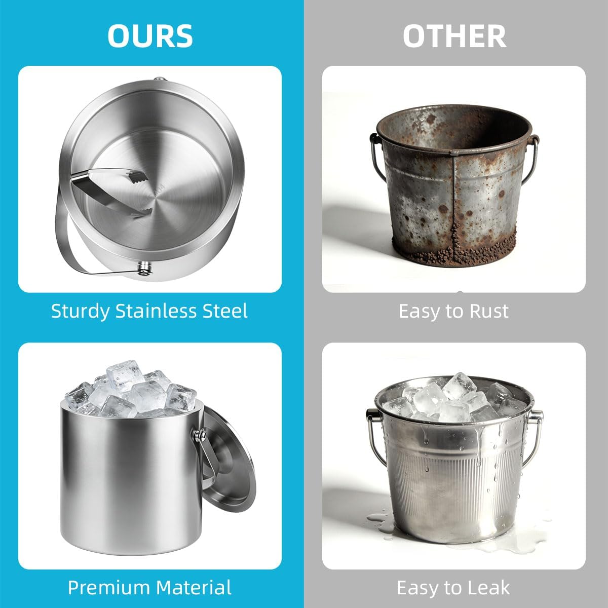 ChefBee Stainless Steel Ice Bucket - 3L Double-Wall Insulated Ice Buck