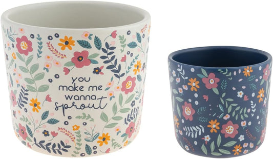 Karma, Ceramic Floral Planter Set of 2, Modern Boho Planters, Flower Plant Pots Indoor Plants, Ceramic Planter, Sprout