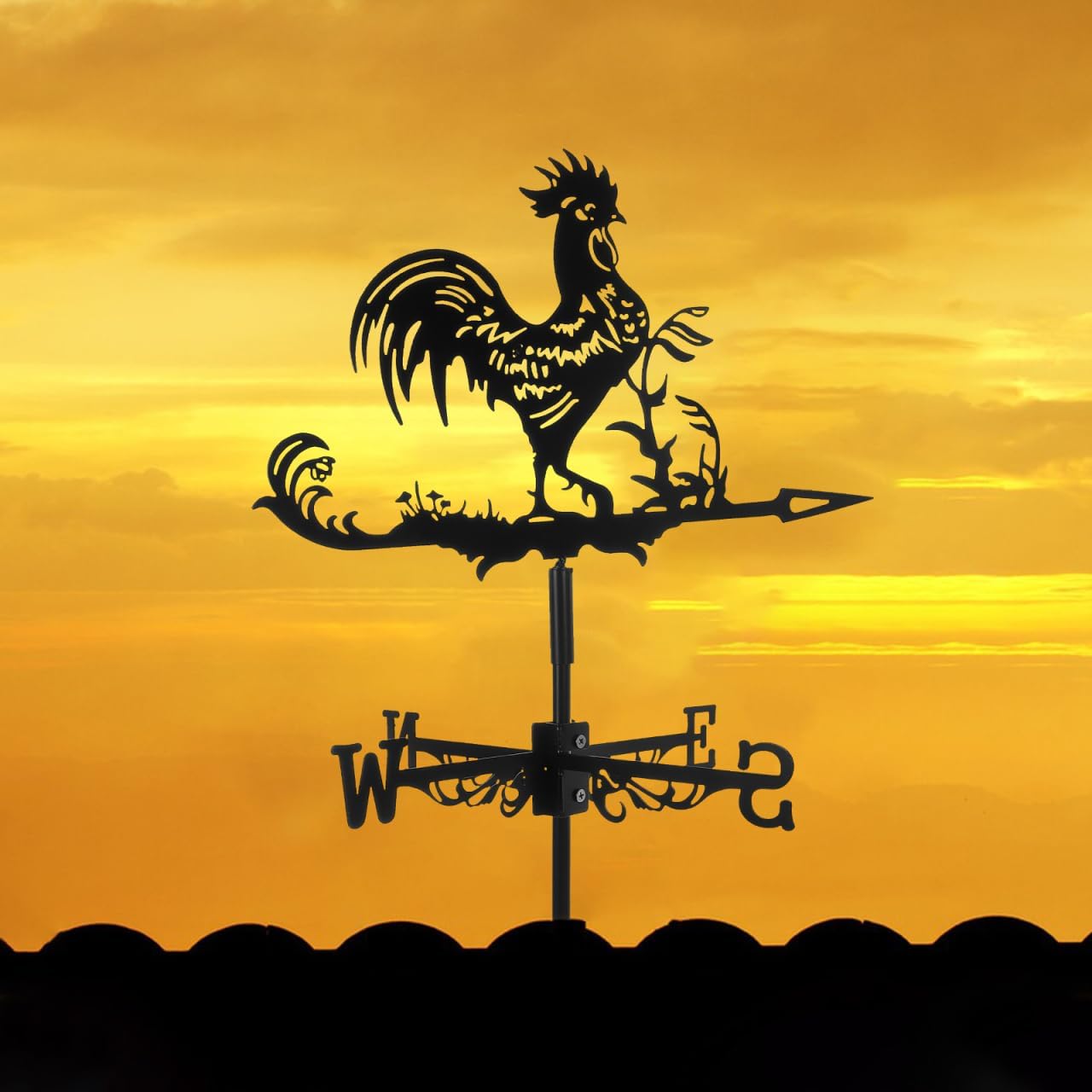 23.42 Inch Wrought Iron Rooster Weather Vane Metal Wind Direction Indicator for Garden Outdoor Lawn Farmhouse Decor