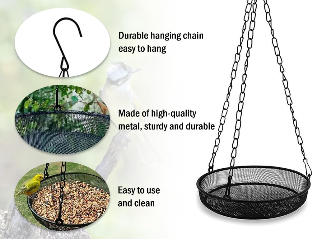 2PCS Metal Hanging Bird Feeder Tray, Hanging Feeder Seed Tray, with Chains, Outside Hanging Bird Feeder Tray, Metal Mesh Platform Feeders,Seed Tray Platform,for Attracting Birds,Outdoors,Garden