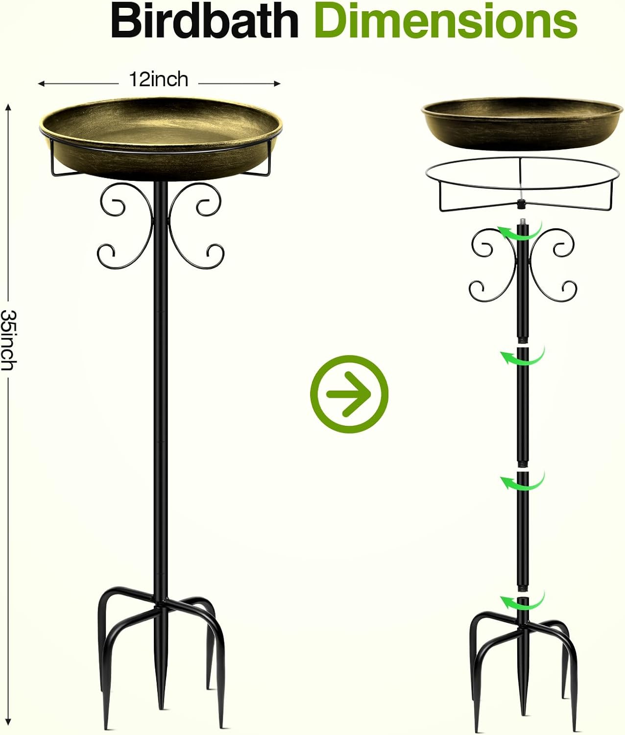 Daoeny 35In Metal Bird Bath for Outside, Vintage Bird Bath Bowl, Detachable Birdbath & Birdfeeder with 5 Prongs Base Stake, Bird Baths for Outdoors Garden Yard Lawn Decor (Antique Golden)