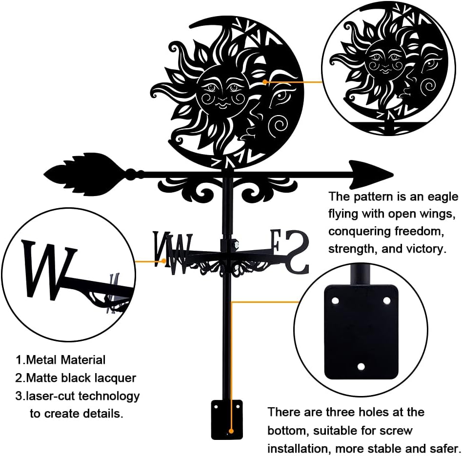 SUPERDANT Sun and Moon Weathervane Totems Weather Vane for Yard Metal Wind Vanes Roof Mount for Outside Garden Black Weathervanes Farmhouse Farm Barn Sheds Patio Outdoor Decorations Gifts
