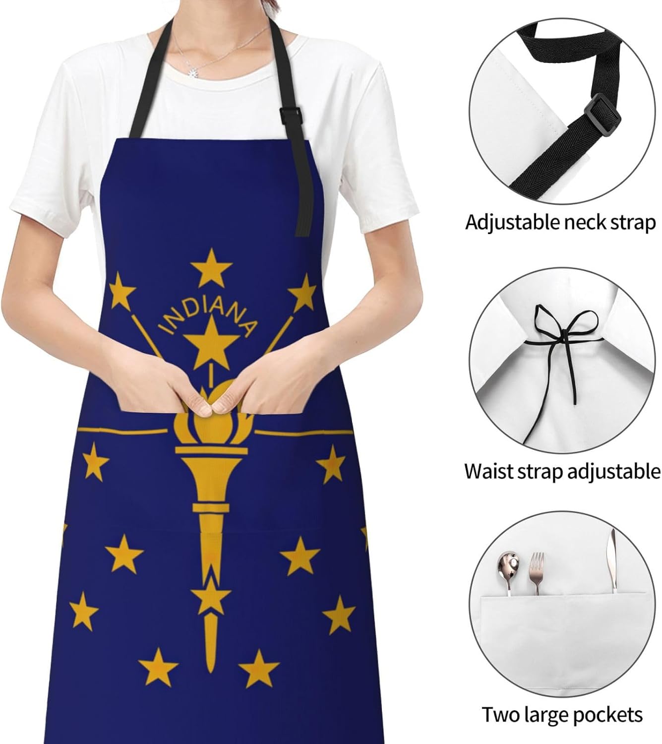 Indiana State Flag Print 28x33 In Adult Kitchen Apron with Pockets Versatile Chef Smock for Cooking Baking