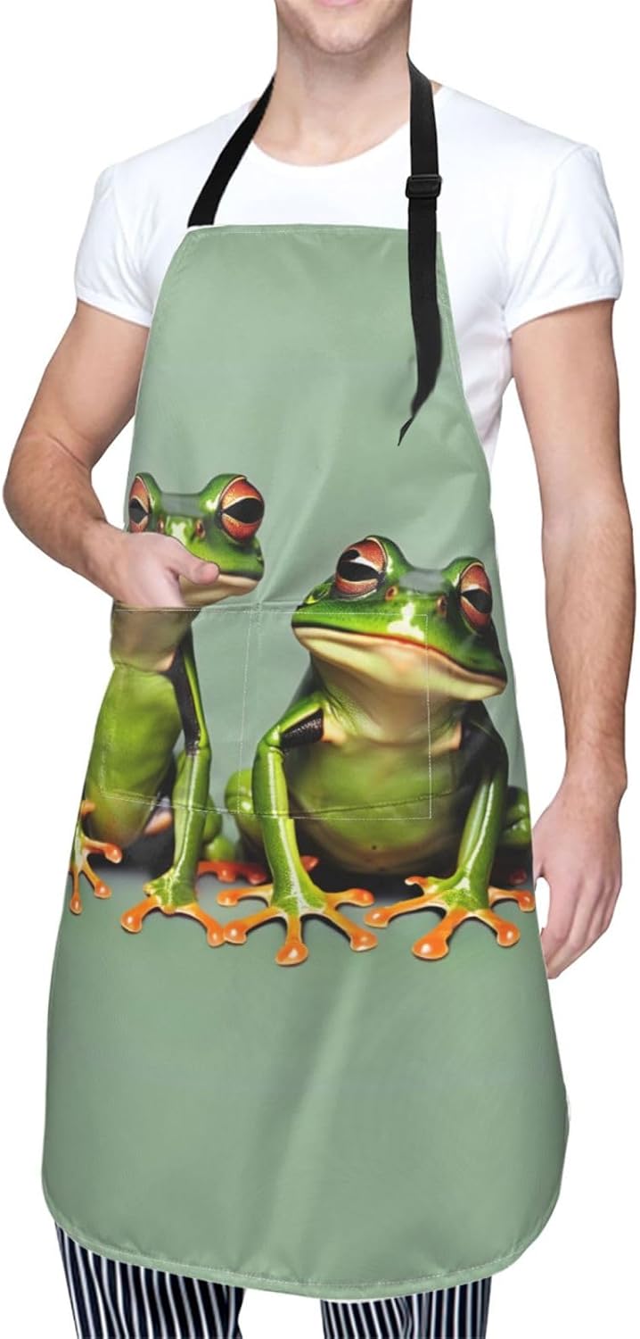 Funny Green Frogs 1 print Waterproof chef's apron with pocket apron for kitchen cooking baking barbecue and gardening
