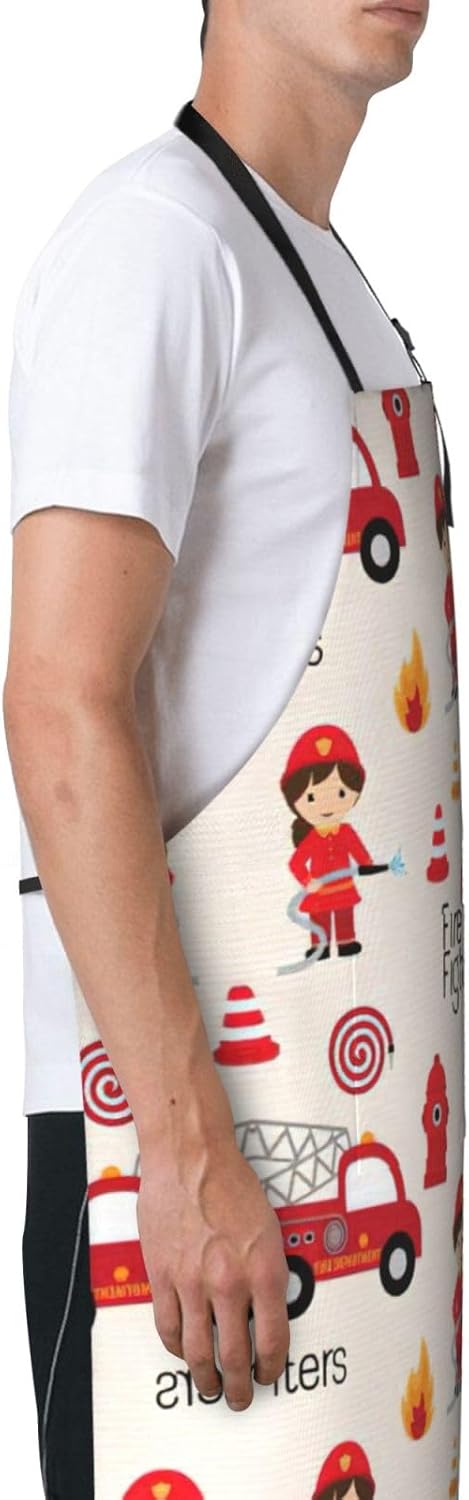 Little Boys and Girls in FireFighters Print 28x33 In Adult Kitchen Apron with Pockets Versatile Chef Smock for Cooking Baking