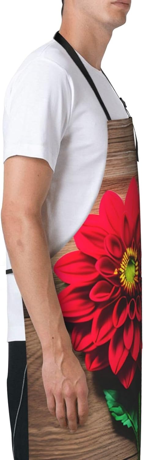 Wooden Board Retro Flower Red Dahlia print Waterproof chef's apron with pocket apron for kitchen cooking baking barbecue and gardening