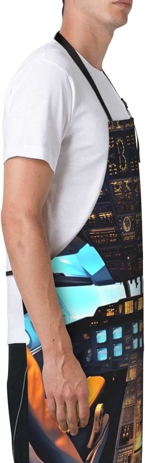 Airplane Cockpit Print Laundry apron 28x33 In Waterproof Kitchen Apron with Pockets for Cooking Baking