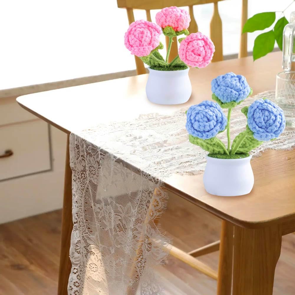 Mini Potted Artificial Crochet Rose Flower with White Pot,2Pcs Hand-Kn