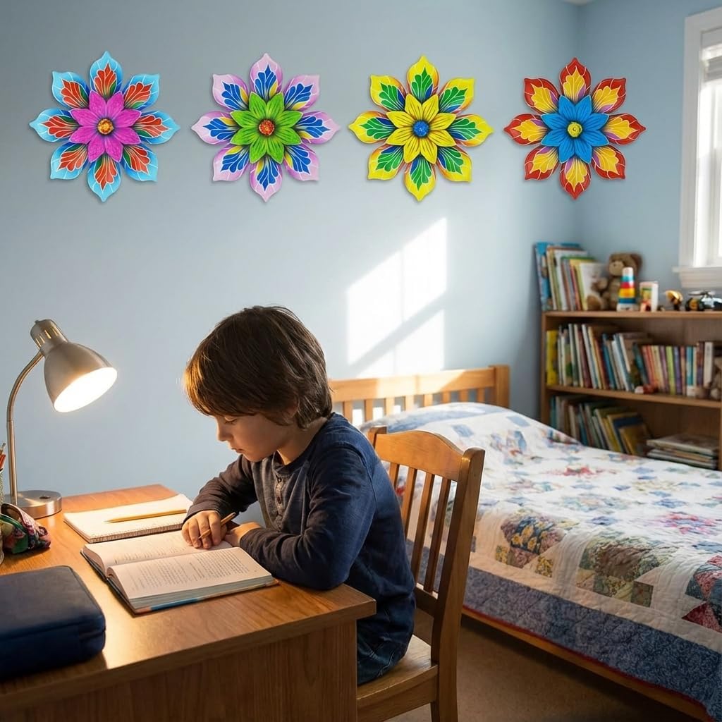 GENHAOTHREE Vibrant Metal Flower Wall Art Decor Set of 4-5.9 Inch Colo