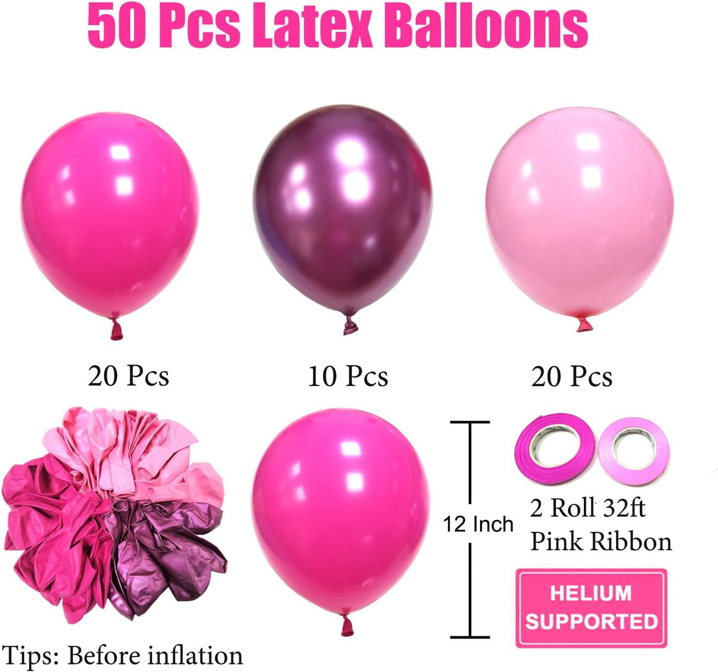 Pink Balloons Metallic Pink Balloon, 50Pcs 12Inch Hot Pink Chrome Pink Latex Balloons Light Pink Balloon and Dark Magenta Pink Balloons for Birthday,Baby Shower,Princess Theme Party Decorations