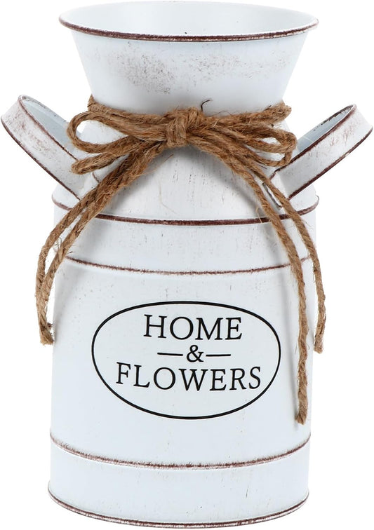 Vintage Rustic Iron Milk Can Flower Vase, White Metal Floral Arrangeme
