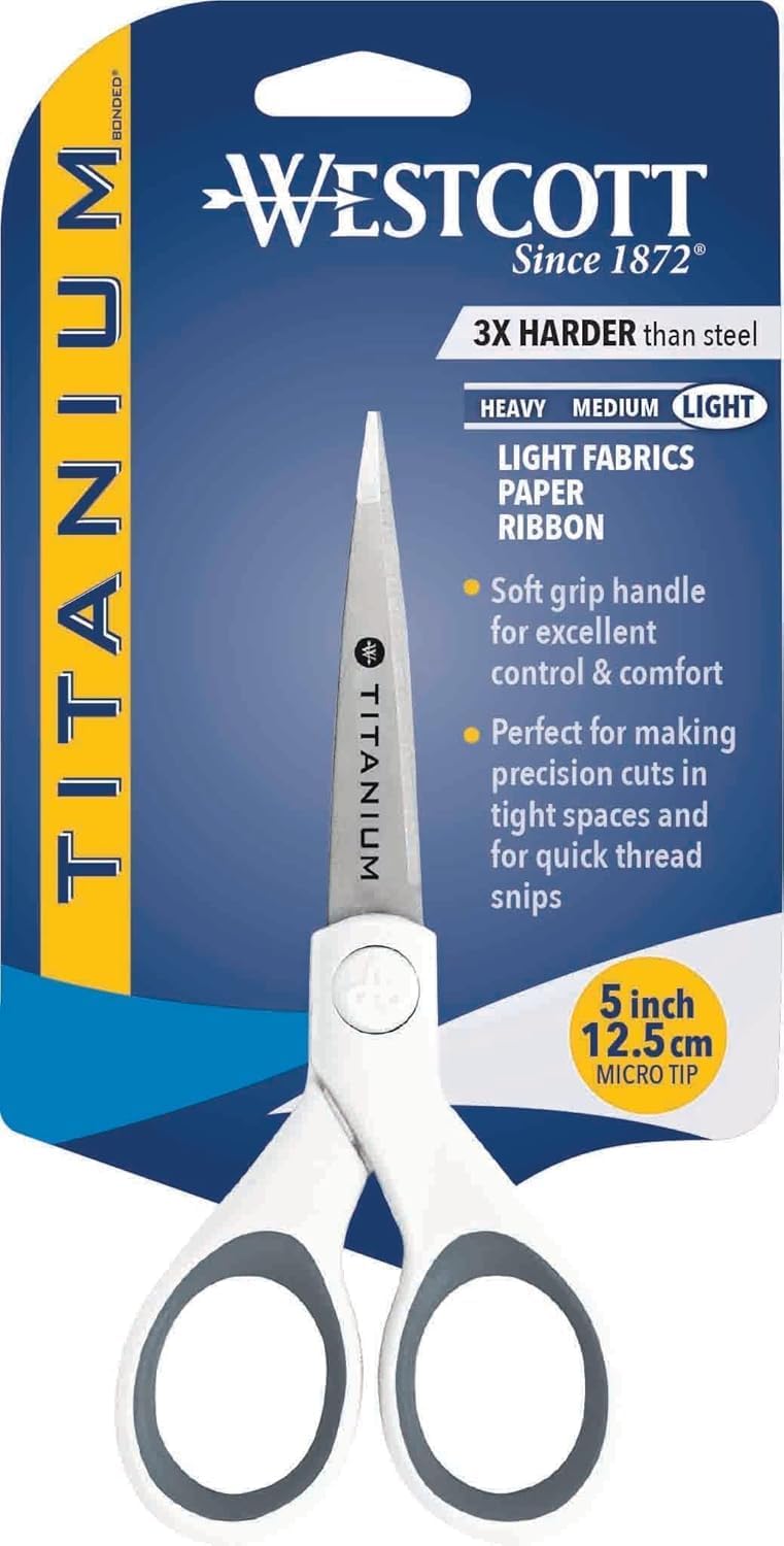 Westcott 5-Inch Micro-Tip Fabric Scissors with Titanium-Bonded Blades 