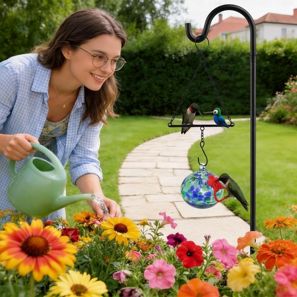 Hummingbird Feeder for Outdoors Hanging,Metal Hummingbird Swing with Hand Blown Glass Hummingbird Feeder,Artistic Bird Perch & Garden Decor, Unique Gardening Gifts for Women(Dotted Blue)