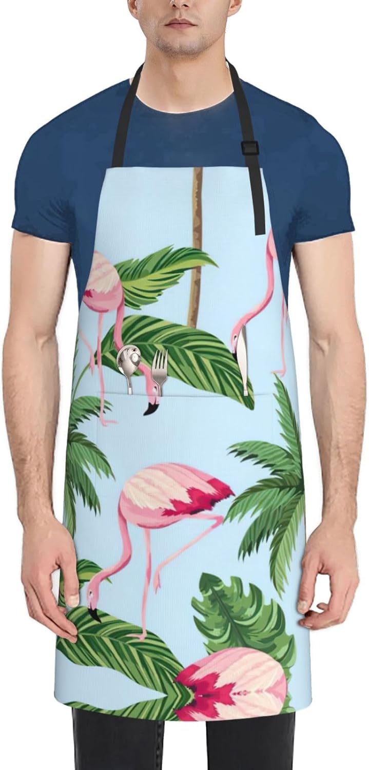 Tropical flamingos Print Laundry apron 28x33 In Waterproof Kitchen Apron with Pockets for Cooking Baking